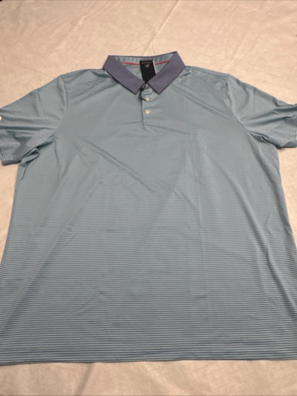 Men's Light Blue Micro-Stripe Polo with Contrasting Navy Collar
